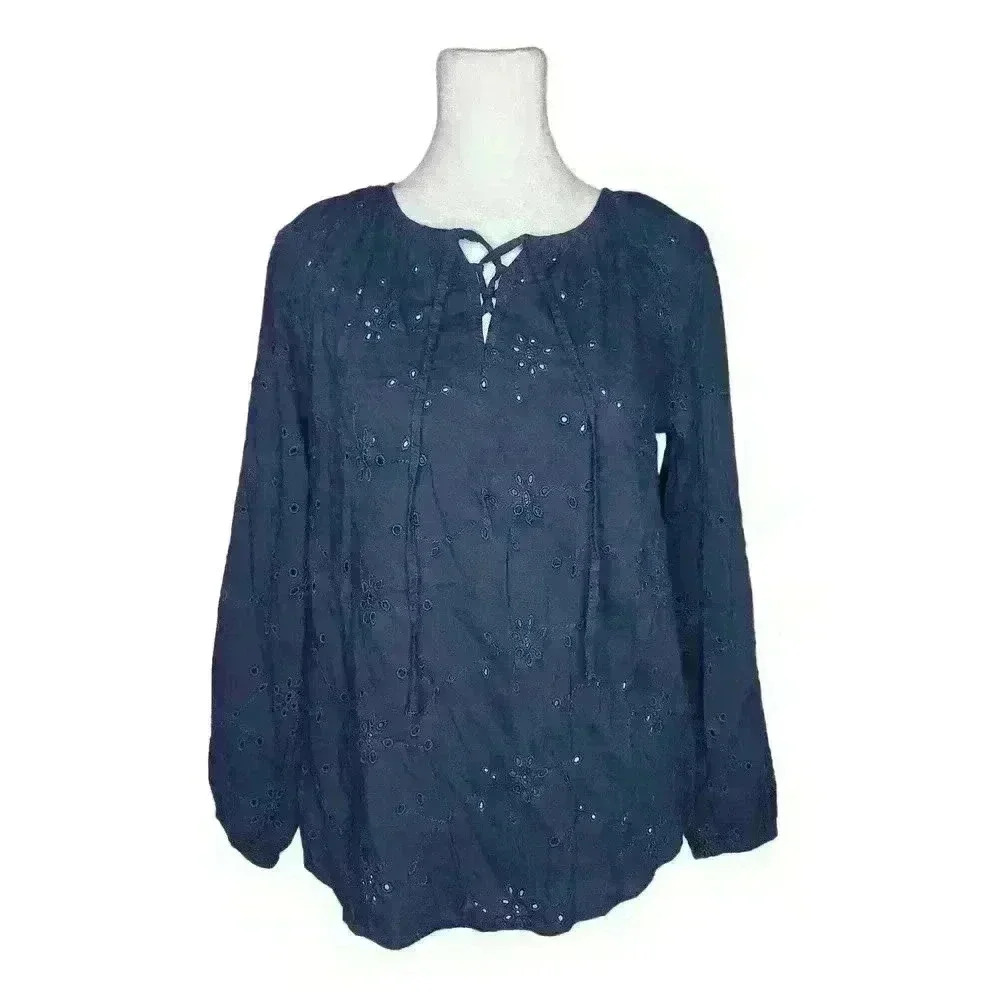 Sonoma women's navy blue long sleeve embroidered blouse size PXS